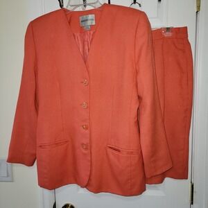 Amanda Smith Petites 10P Skirt Suit Coral/Orange Longsleeve Lined Tweed AS IS